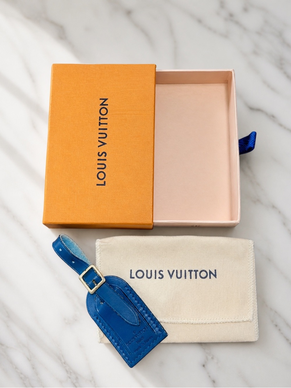 Louis Vuitton Blue Leather Luggage Tag with Brass Buckle
